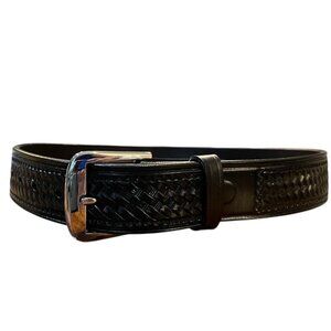 Dutyman Size 30 Black Basket Weave Full Grain Leather Belt Silver Tone Buckle